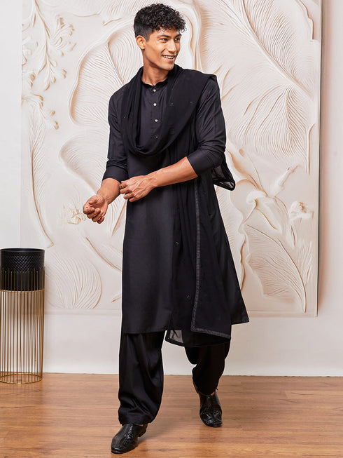 Men's Black Viscose Kurta,Patiala And Dupatta Set.